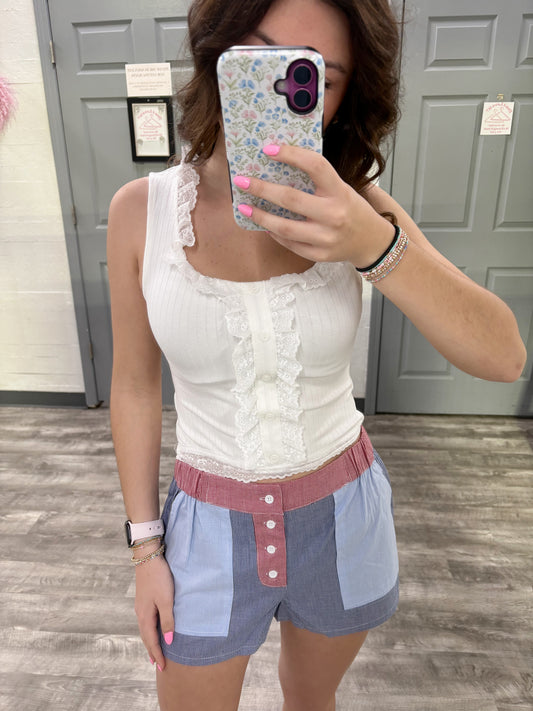 Sleeveless Ribbed Top w Lace Detail