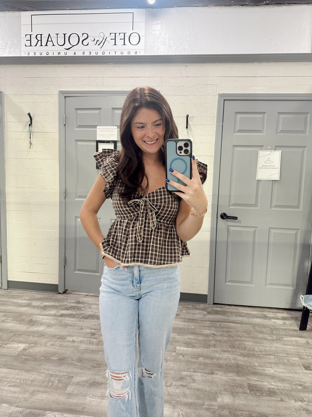 Plaid Gingham Bow Ruffle Top