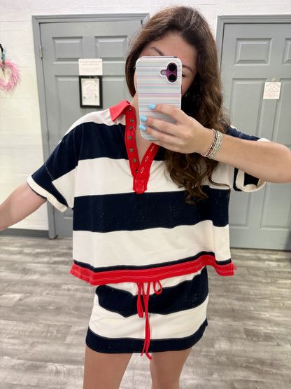 Striped Contrasting Polo Top