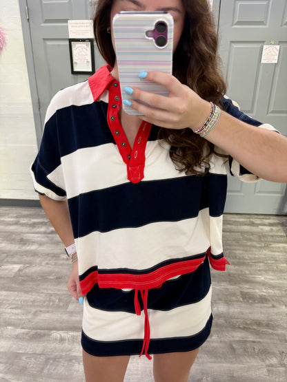 Striped Contrasting Polo Top